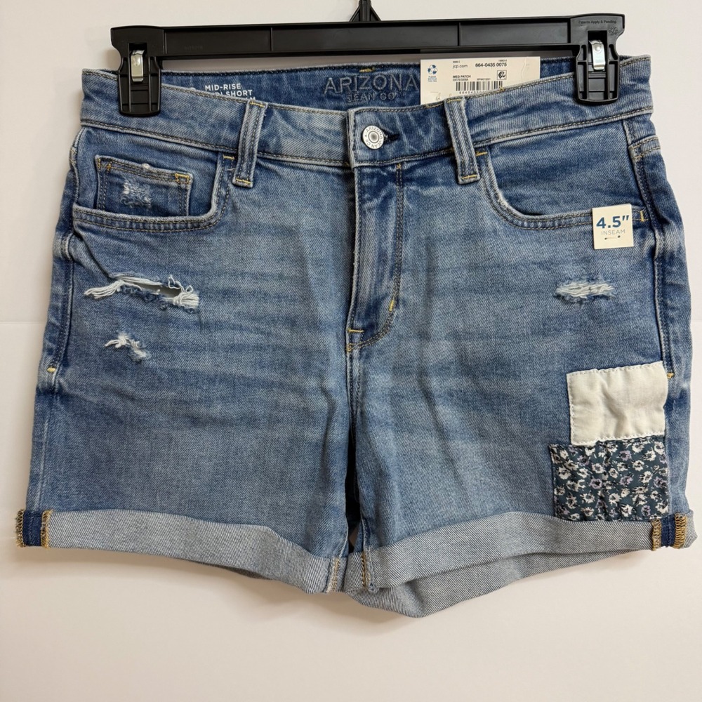 Arizona Jean Mid‎ Rise Boho Shorts Distressed Patchwork Floral Cuffed Size 9